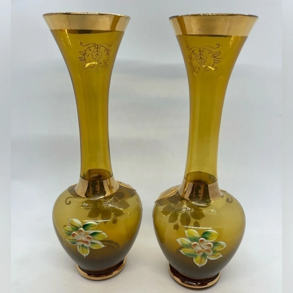 Pair of Vintage Norleans Japan Amber Vases Hand Painted Flowers and Gold Accents